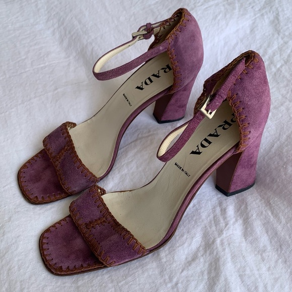 Vintage Prada Suede Stitch Square Toe Sandal Block Heels Purple - Picture 2 of 7